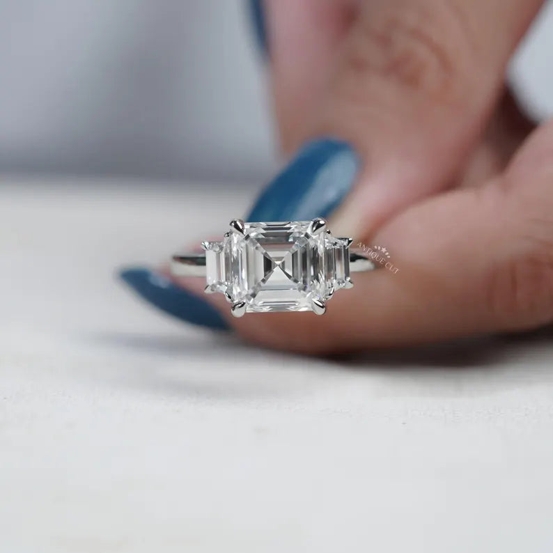 White Gold Three Stone Square Emerald Cut Ring