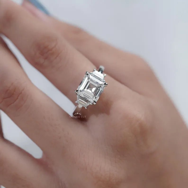 White Gold Three Stone Square Emerald Cut Ring