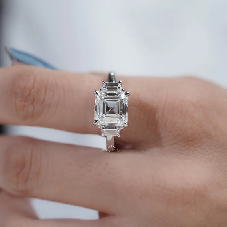 White Gold Three Stone Square Emerald Cut Ring