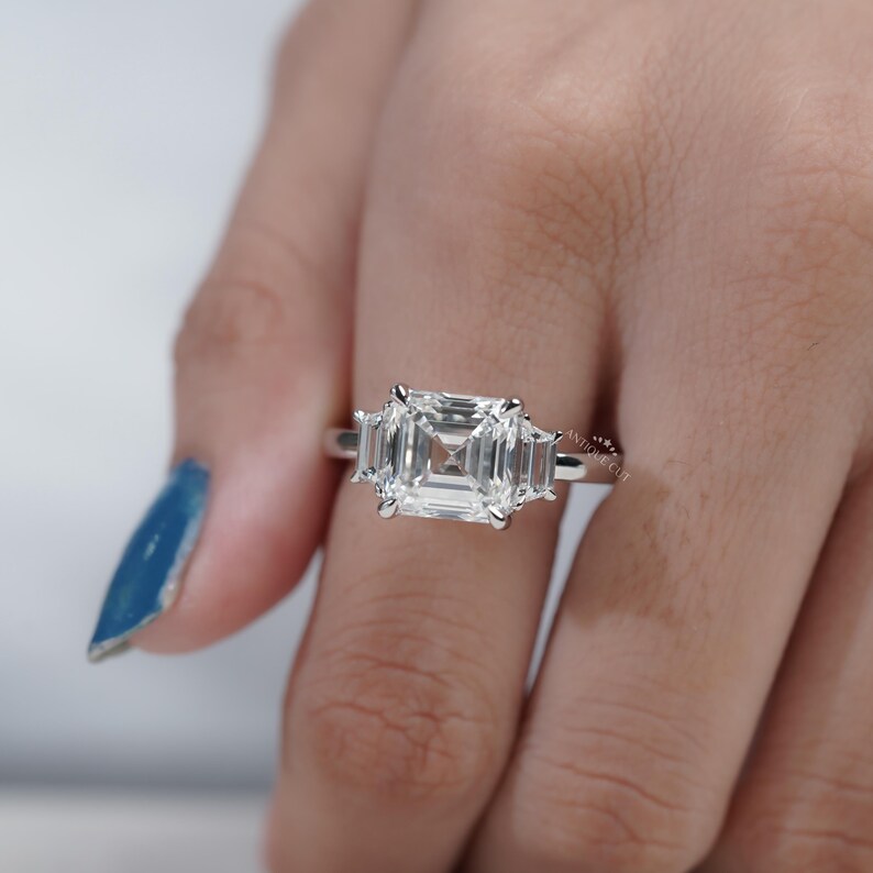 Timeless Three Stone Square Emerald Cut Diamond Proposal Ring for Her