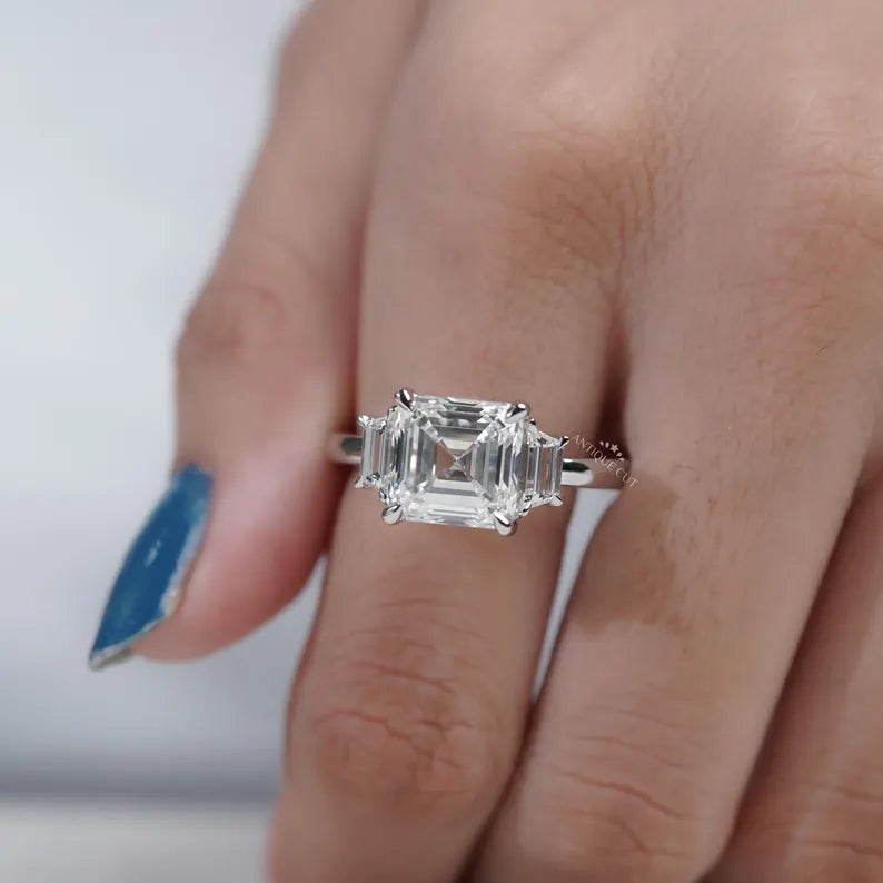 White Gold Three Stone Square Emerald Cut Ring