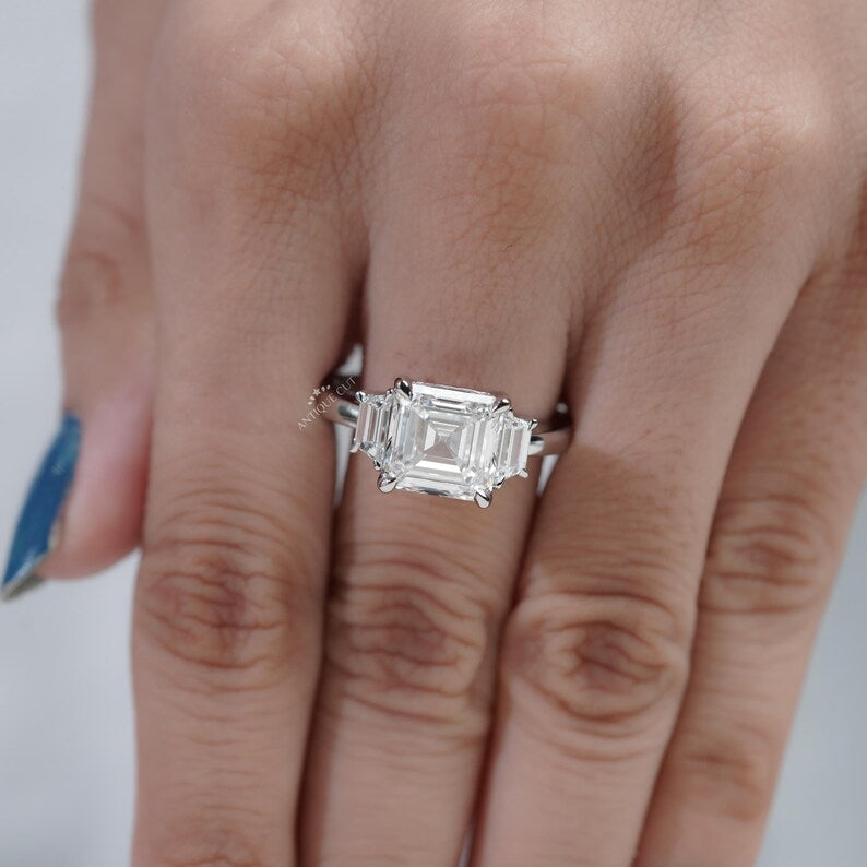 Luxury Square Emerald Cut Diamond Ring with Tapered Baguette Accents