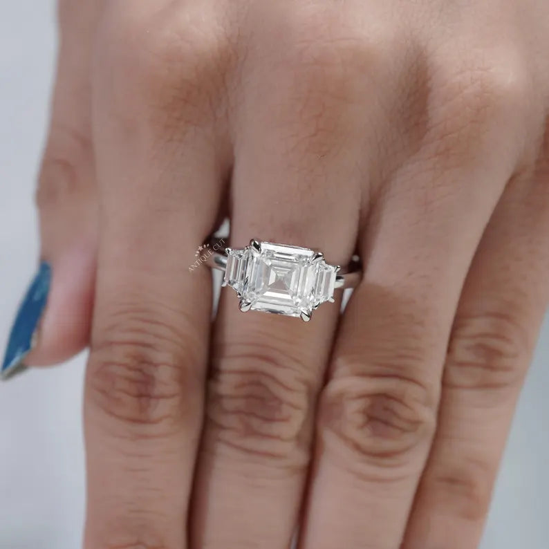 White Gold Three Stone Square Emerald Cut Ring