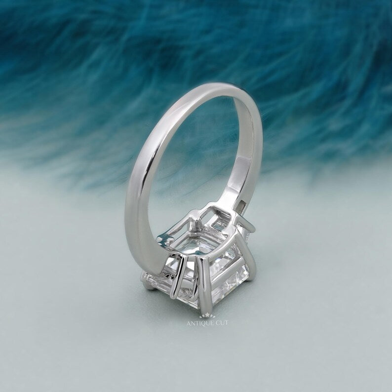 Handmade Three Stone Diamond Engagement Ring with Square Emerald Center Stone