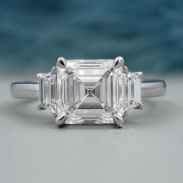 Square Emerald Cut Diamond Engagement Ring with Tapered Baguette Side Stones in White Gold