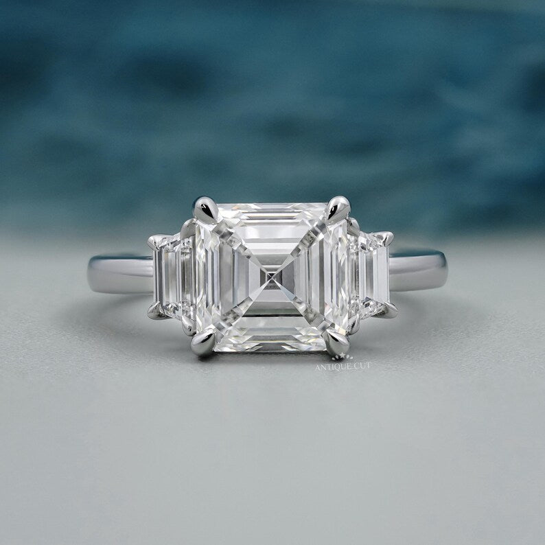 Square Emerald Cut Diamond Engagement Ring with Tapered Baguette Side Stones in White Gold