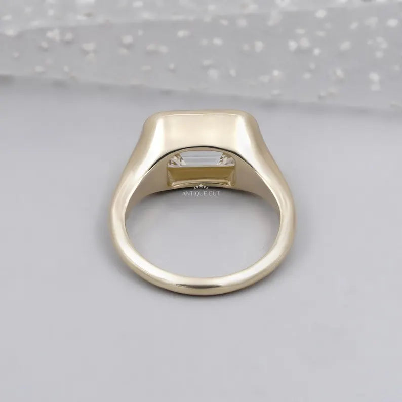 Emerald Cut Lab Grown Diamond Signet Ring With East-West Bezel Setting in Yellow Gold