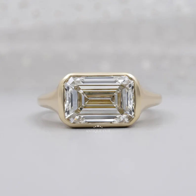 Emerald Cut Lab Grown Diamond Signet Ring With East-West Bezel Setting in Yellow Gold