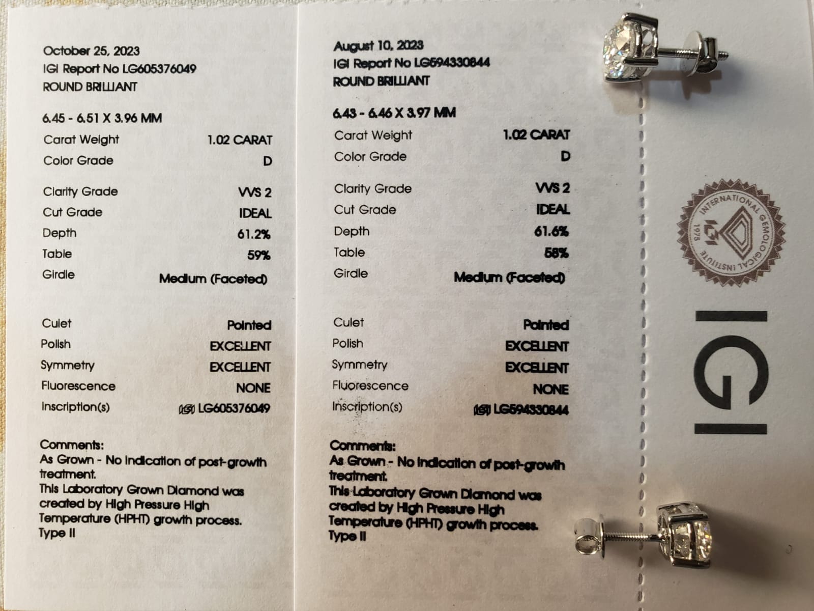 2 carat D VVS2 IGI certified Lab Grown Diamond Stud Earrings 14k White Gold Basket Pushback