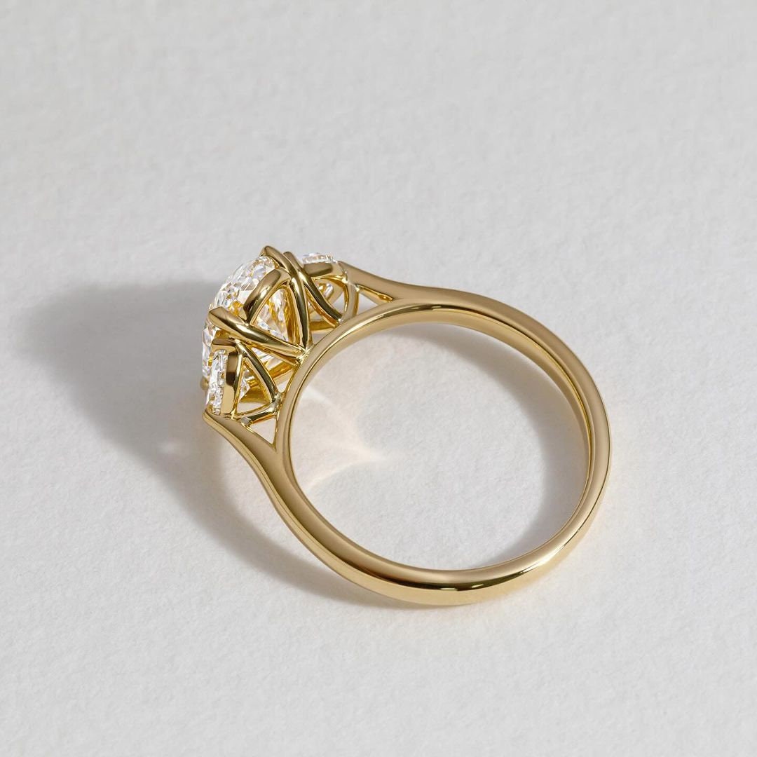 Yellow Gold Oval Lab Diamond Ring | 2.40tcw Three Stone with Half Moon Sides | IGI Certified