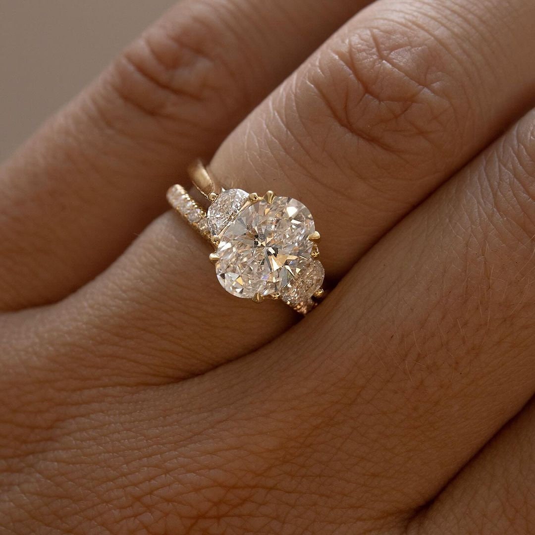 Yellow Gold Oval Lab Diamond Ring | 2.40tcw Three Stone with Half Moon Sides | IGI Certified