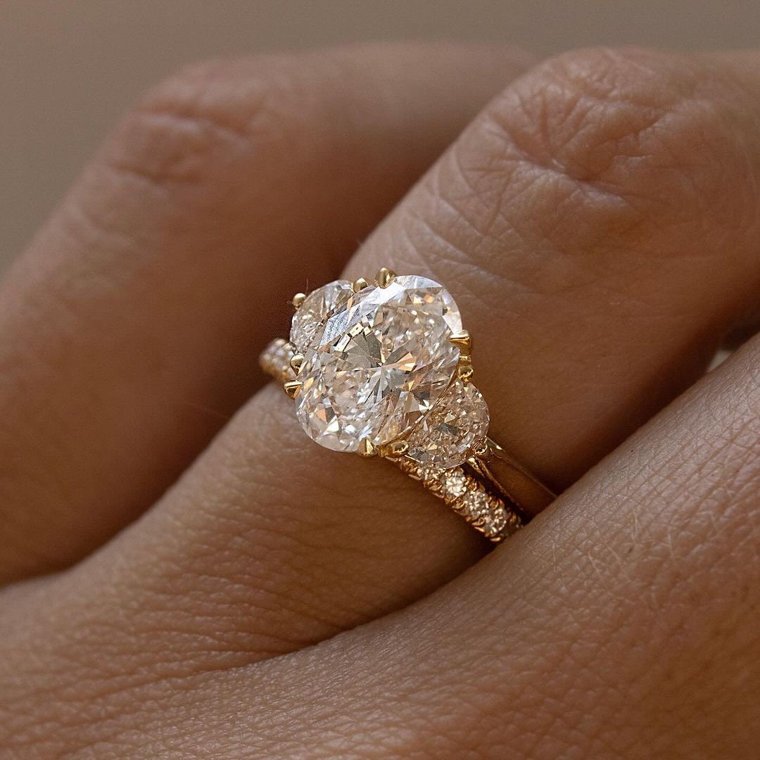 Yellow Gold Oval Lab Diamond Ring | 2.40tcw Three Stone with Half Moon Sides | IGI Certified