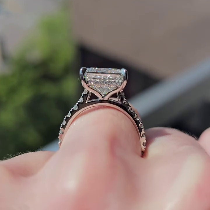 Princess 4.60tcw Lab Grown Diamond Cathedral Hidden Halo Engagement Ring, D-E-F Color, VVS-VS Clarity