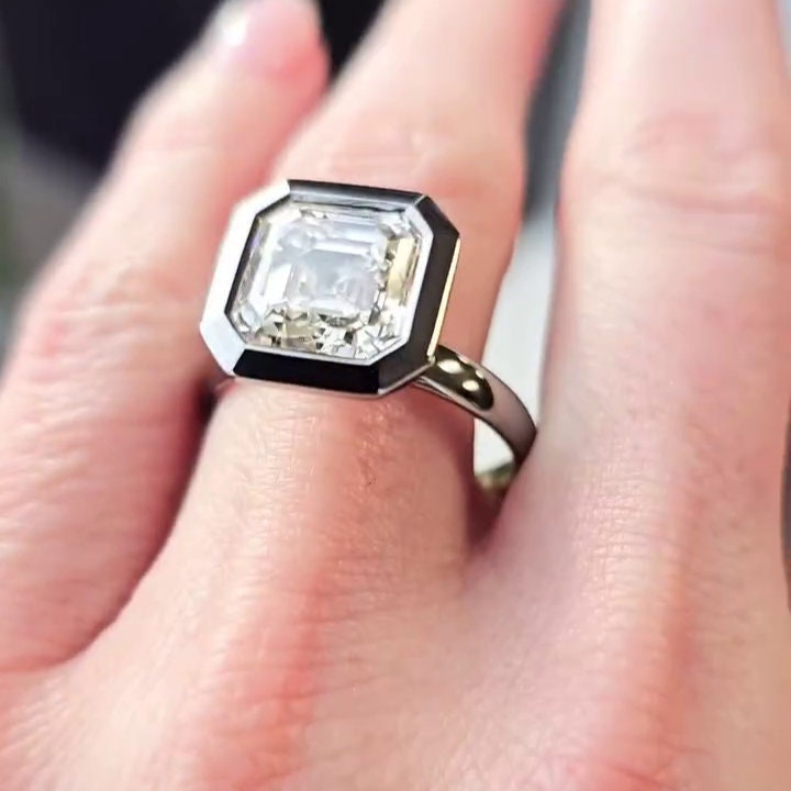 5.10ct Asscher Lab Grown Diamond Bezel Engagement Ring | Pavé Halo | IGI Certified