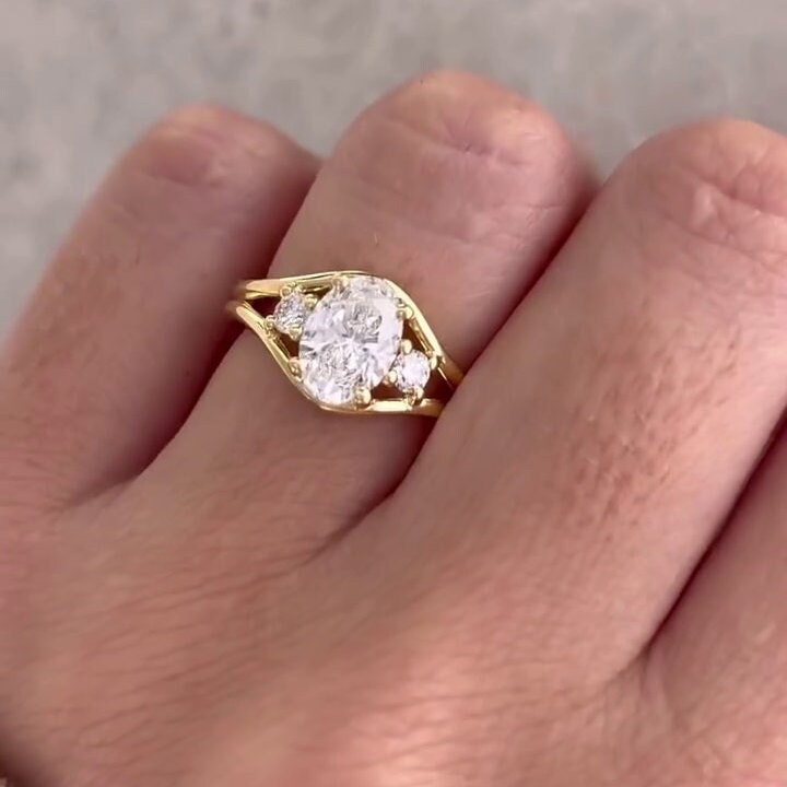 Oval 1.90tcw Lab Grown Diamond Three Stone Split Style Engagement Ring, D-E-F Color, VVS-VS Clarity
