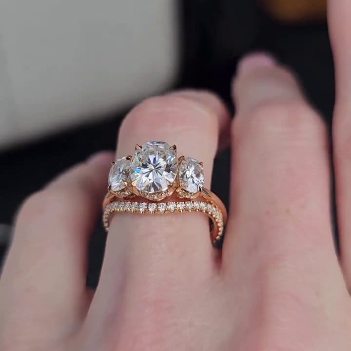 Oval 3.5tcw Lab Grown Diamond wedding set Three Stone Hidden Halo Engagement Ring + diamond band, DEF Color, VVS-VS Clarity
