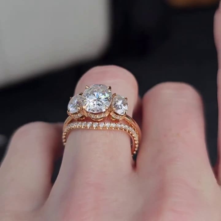 Oval 3.5tcw Lab Grown Diamond wedding set Three Stone Hidden Halo Engagement Ring + diamond band, D-E-F Color, VVS-VS Clarity