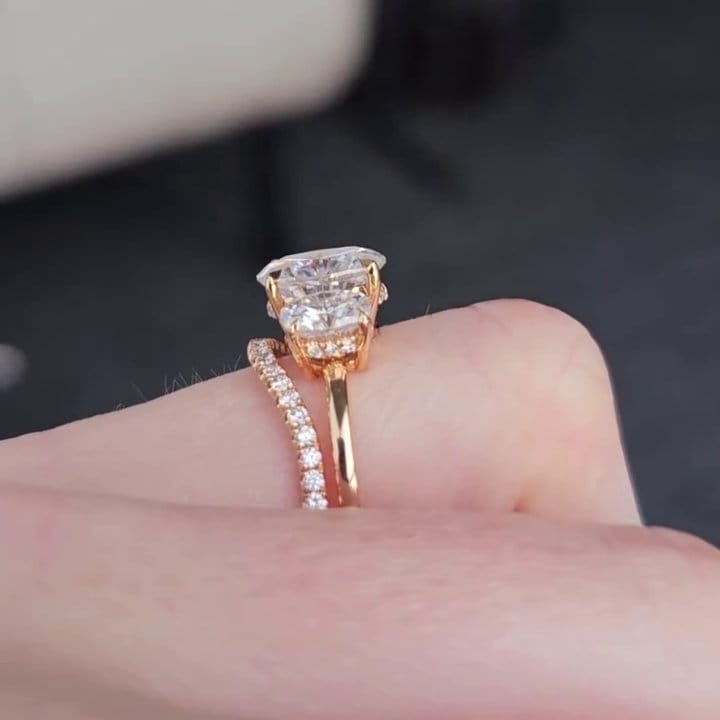 Oval 3.5tcw Lab Grown Diamond wedding set Three Stone Hidden Halo Engagement Ring + diamond band, DEF Color, VVS-VS Clarity