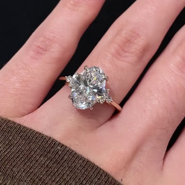 Oval 4.00ct Lab Grown Diamond Three Stone Engagement Ring, D-E-F Color, VVS-VS Clarity