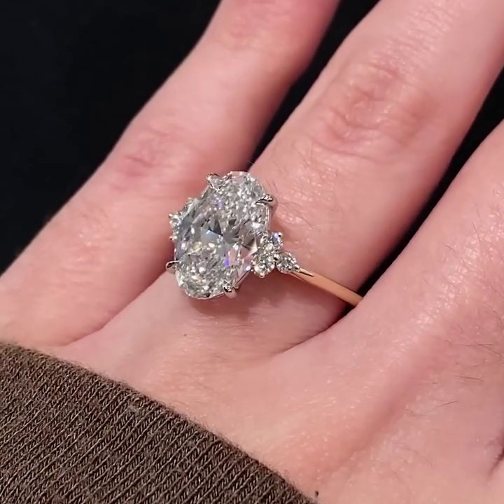 Oval 4.00ct Lab Grown Diamond Three Stone Engagement Ring, D-E-F Color, VVS-VS Clarity