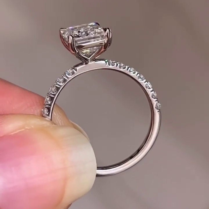 Emerald 2.80tcw Lab Grown Diamond Ring Pave Solitaire Engagement Ring, D-E-F Color, VVS-VS Clarity