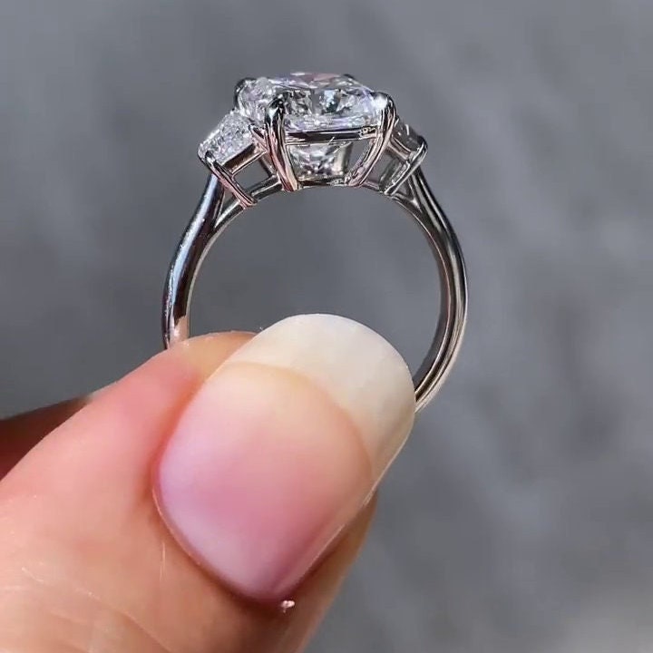 Cushion 3.70tcw Lab Grown Diamond Three Stone Engagement Ring, DEF Color, VVS-VS Clarity