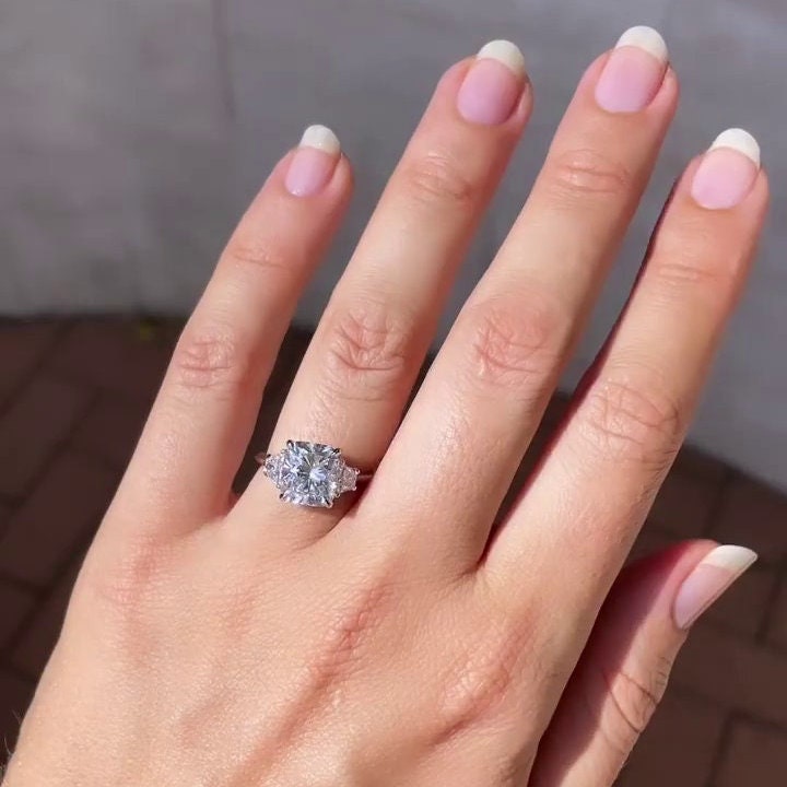 Cushion 3.70tcw Lab Grown Diamond Three Stone Engagement Ring, D-E-F Color, VVS-VS Clarity