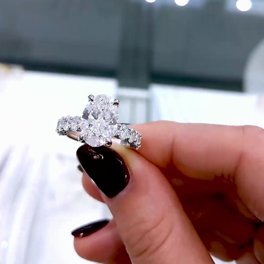 Oval 3.70tcw Lab Grown Diamond Pave Hidden Halo Engagement Ring, D-E-F Color, VVS-VS Clarity