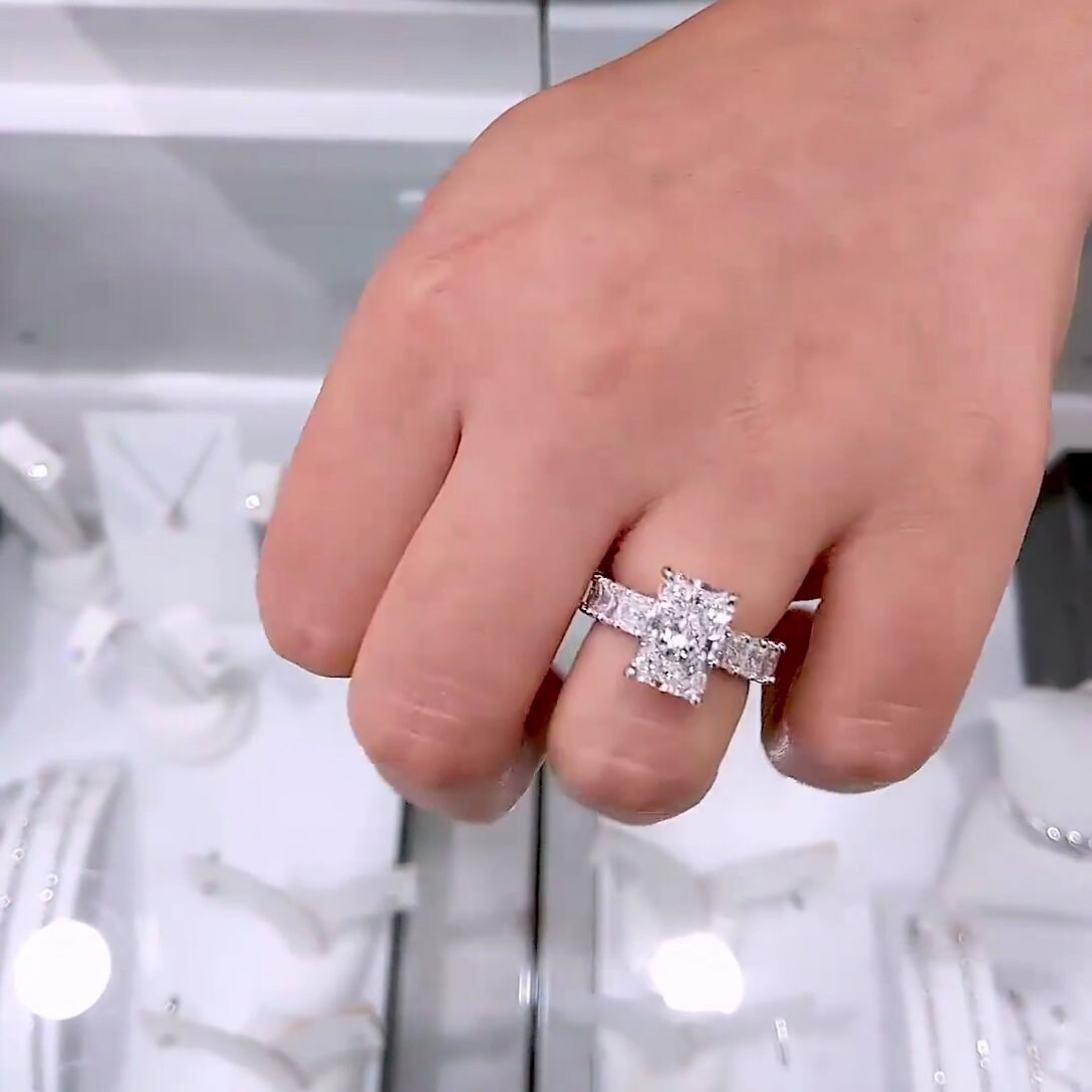 Radiant 5.30tcw Lab Grown Diamond Pave Hidden Halo Engagement Ring, D-E-F Color, VVS-VS Clarity