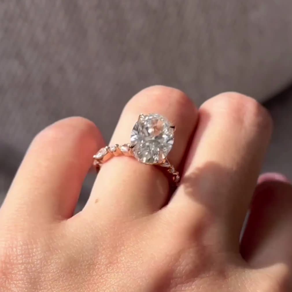 Oval 4.30tcw Lab Grown Diamond, Marquise And Round pave Engagement Ring, D-E-F Color, VVS-VS Clarity