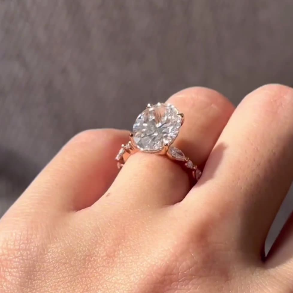 Oval 4.30tcw Lab Grown Diamond, Marquise And Round pave Engagement Ring, D-E-F Color, VVS-VS Clarity