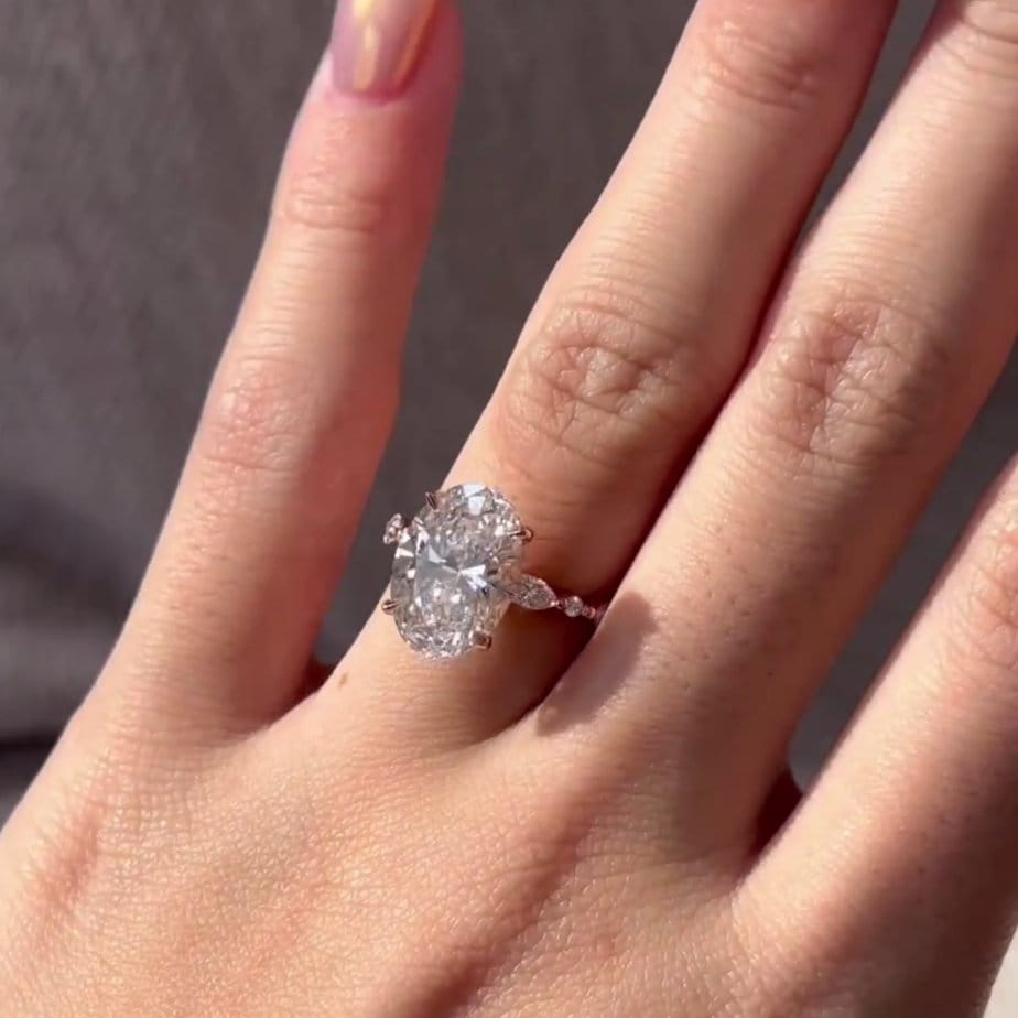Oval 4.30tcw Lab Grown Diamond, Marquise And Round pave Engagement Ring, D-E-F Color, VVS-VS Clarity