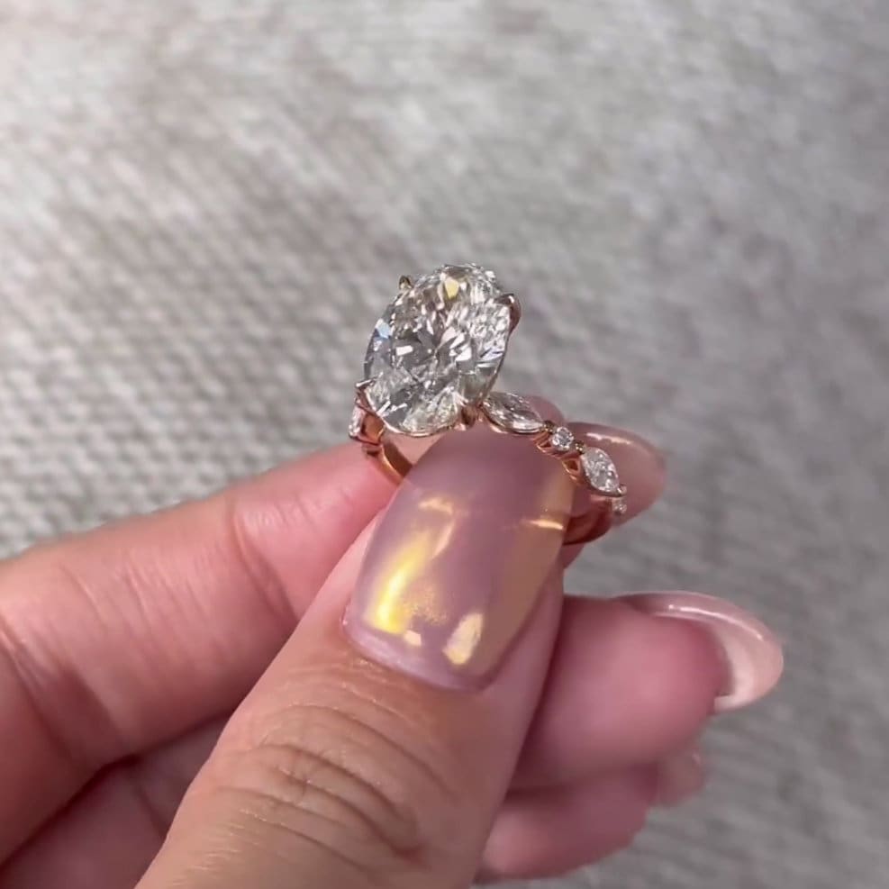 Oval 4.30tcw Lab Grown Diamond, Marquise And Round pave Engagement Ring, D-E-F Color, VVS-VS Clarity