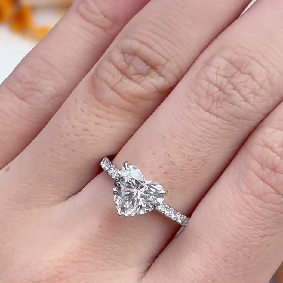 Heart 2.10tcw Lab Grown Diamond Pave Set Engagement Ring, DEF Color, VVS-VS Clarity-IGI Certified