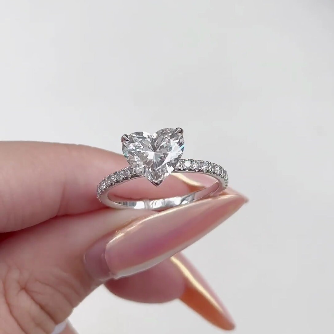 Heart 2.10tcw Lab Grown Diamond Pave Set Engagement Ring, DEF Color, VVS-VS Clarity-IGI Certified