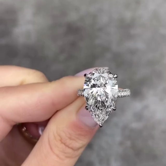 Pear 9.70tcw Lab Grown Diamond Pave Hidden Halo Engagement Ring, D-E-F Color, VVS-VS Clarity-IGI Certified