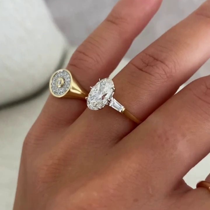 Oval 4.50tcw Lab Grown Diamond Two Tone Three-stone Engagement Ring, D-E-F Color, VVS-VS Clarity