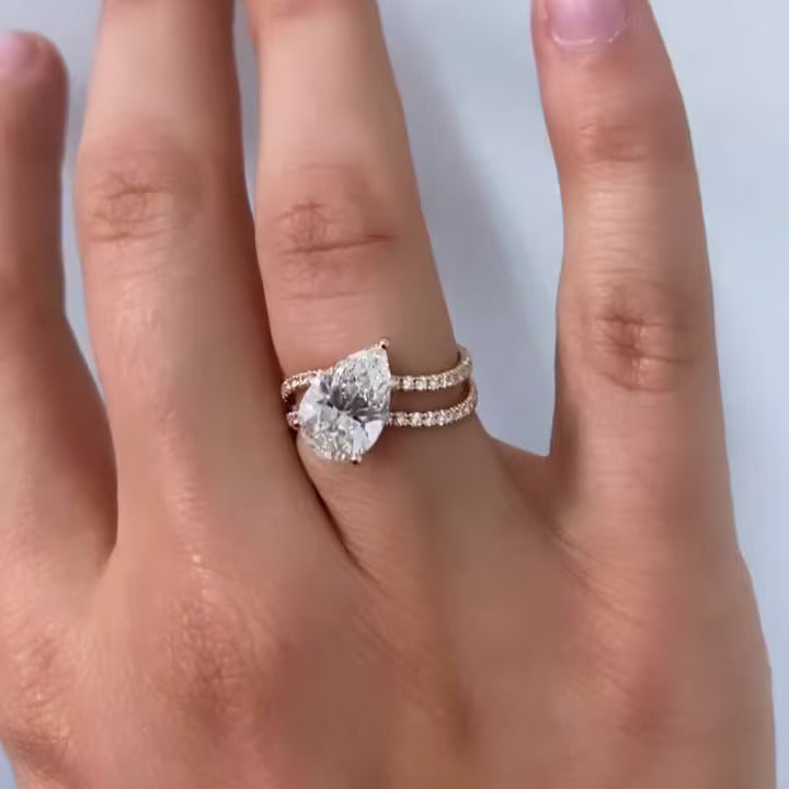 Pear 4.00ct Lab Diamond Double Wave Band Ring | IGI Certified D-E-F Color, VVS–VS Clarity