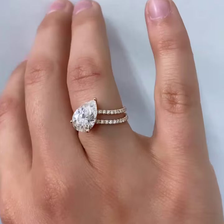 Pear 4.00ct Lab Diamond Double Wave Band Ring | IGI Certified D-E-F Color, VVS–VS Clarity