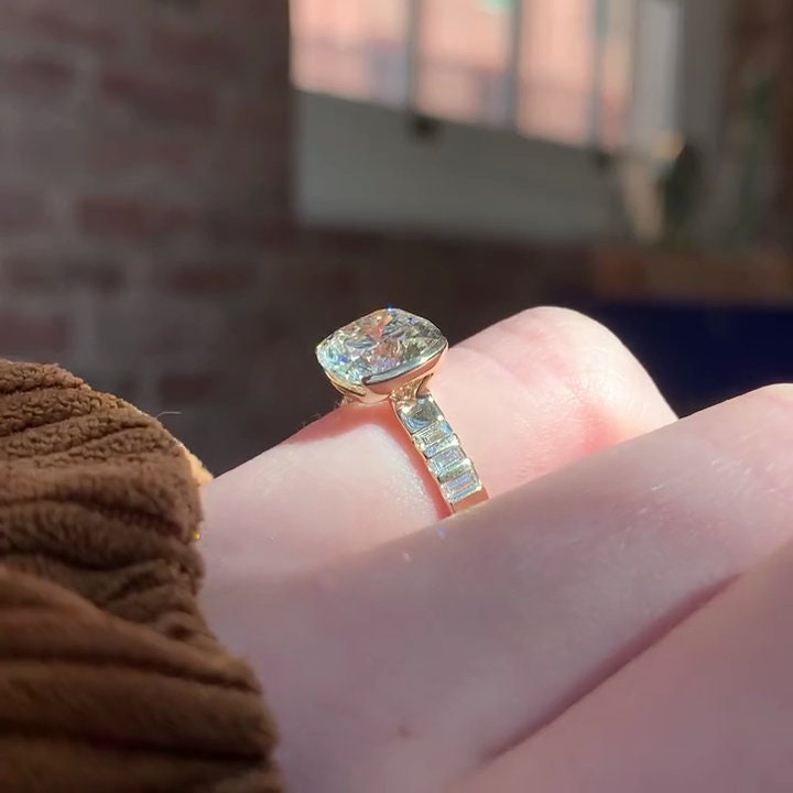 Cushion 4.50tcw Lab Grown Diamond East West Half Bezel Set Engagement Ring, D-E-F Color, VVS-VS Clarity