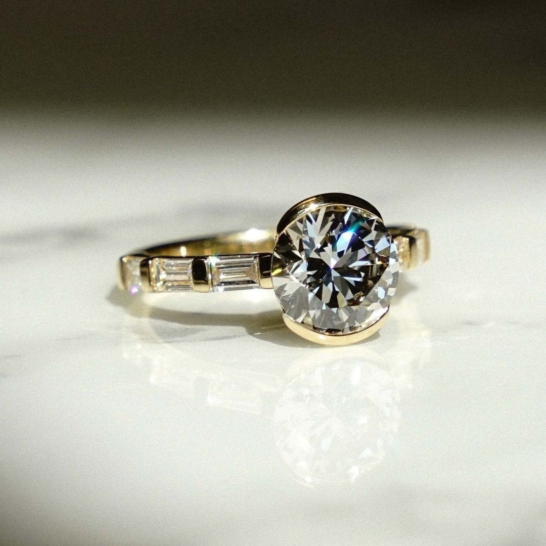 Round 3.00tcw Lab Grown Diamond Bezel Set Sparkling Bar Set Baguette Engagement Ring,  D-E-F Color, VVS-VS Clarity