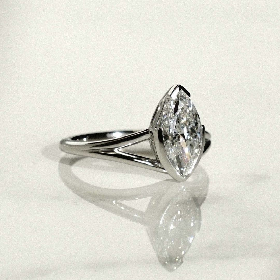 1.50ct Marquise Lab Grown Diamond Half Bezel Split Shank Engagement Ring | IGI Certified | VVS–VS Clarity