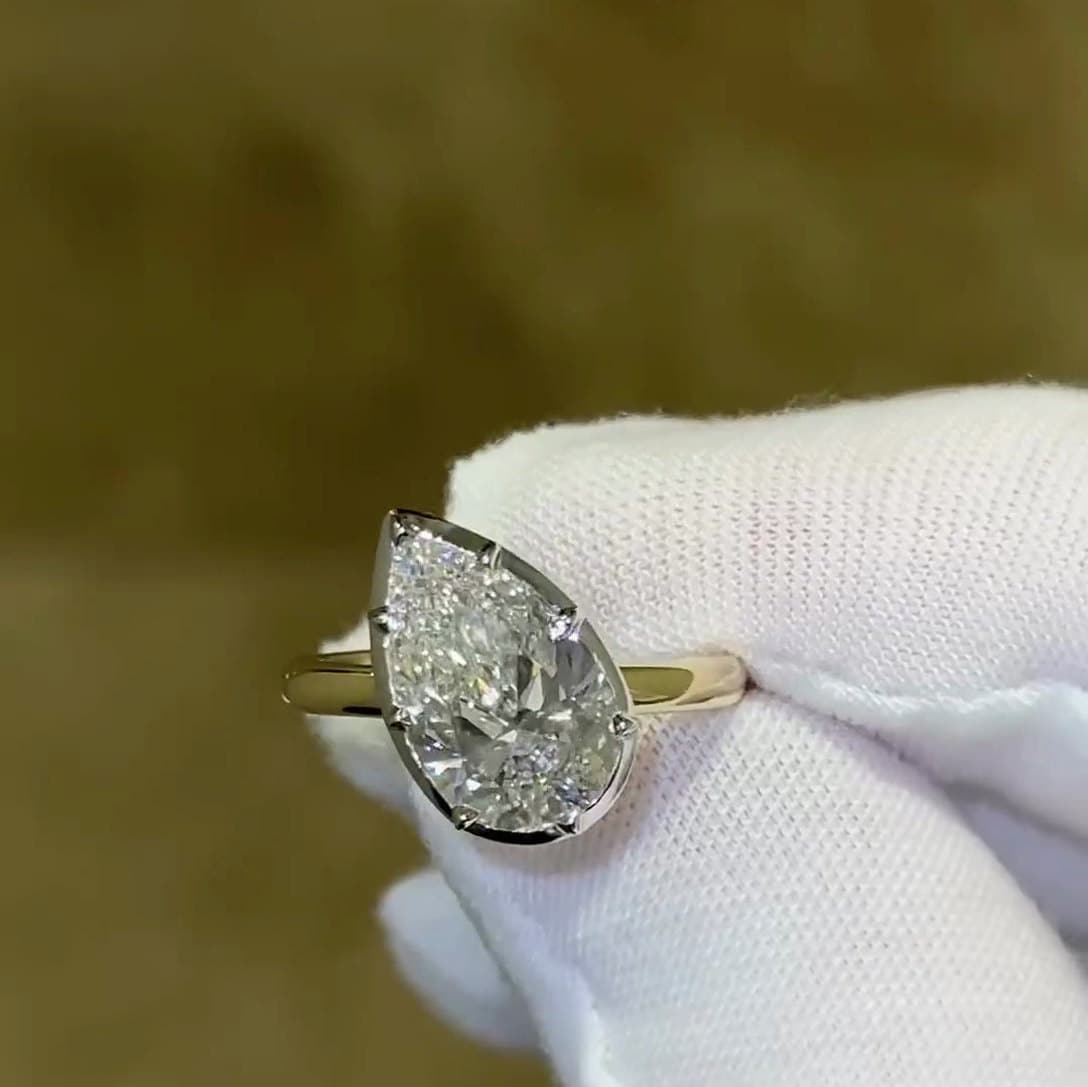 Two Tone 3.00ct Pear Lab Diamond Engagement Ring | Bezel Setting | IGI Certified