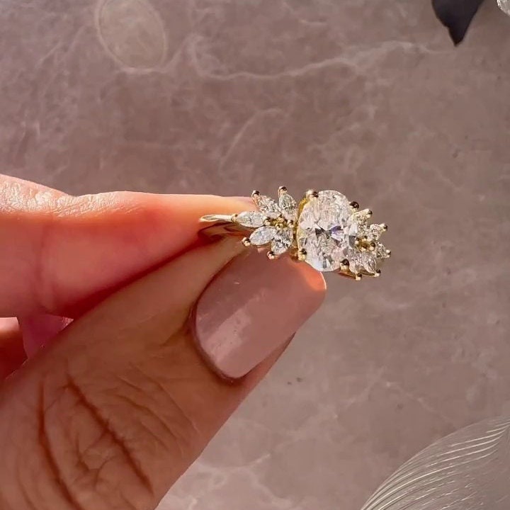 Oval 1.50tcw Lab Grown Diamond Marquise Side Stones Engagement Ring, D-E-F Color, VVS-VS Clarity