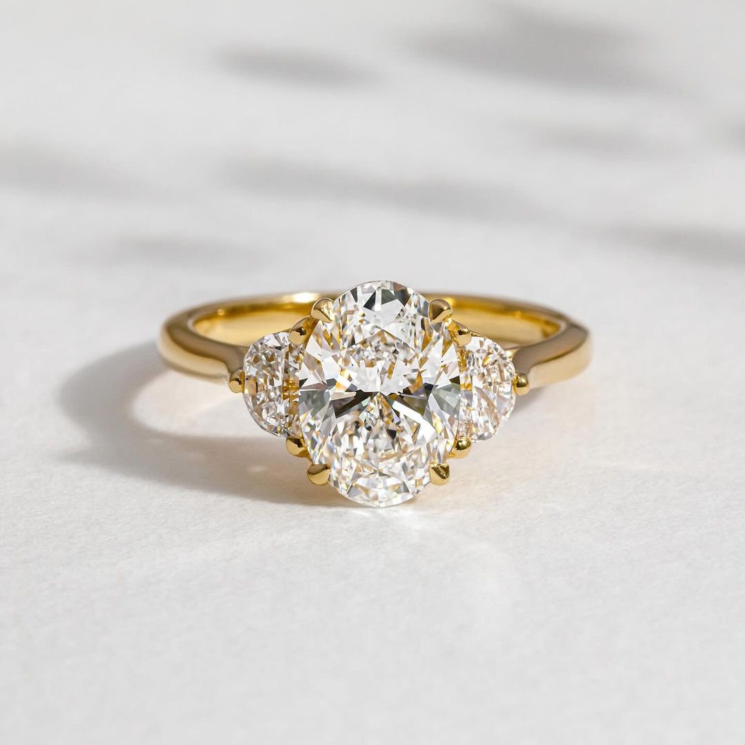 Yellow Gold Oval Lab Diamond Ring | 2.40tcw Three Stone with Half Moon Sides | IGI Certified