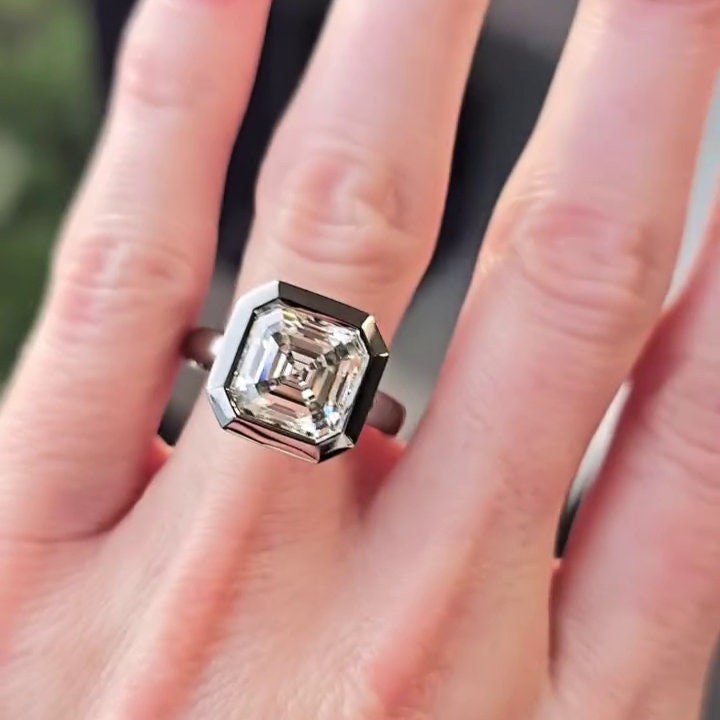 5.10ct Asscher Lab Grown Diamond Bezel Engagement Ring | Pavé Halo | IGI Certified