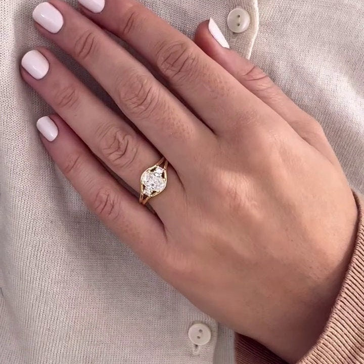 Oval 1.90tcw Lab Grown Diamond Three Stone Split Style Engagement Ring, D-E-F Color, VVS-VS Clarity