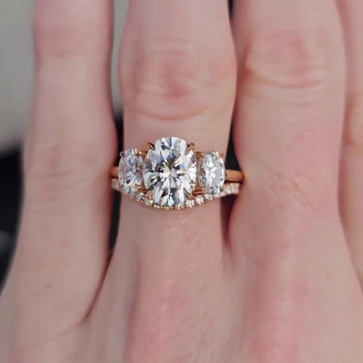 3.40tcw Oval Lab Diamond Ring Set | Three Stone with Band | IGI Certified | Yellow Gold