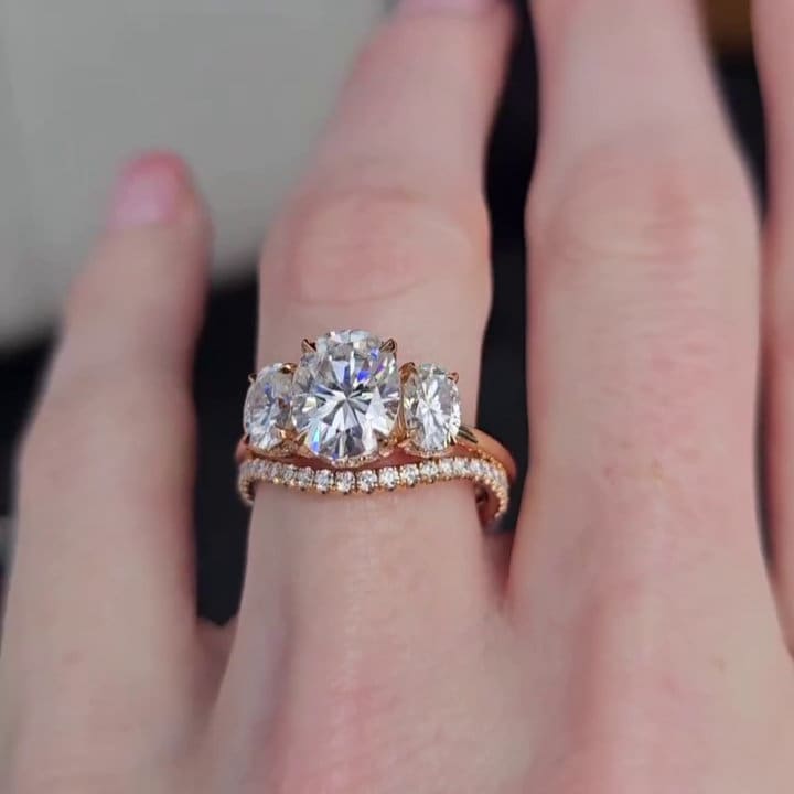 Oval 3.5tcw Lab Grown Diamond wedding set Three Stone Hidden Halo Engagement Ring + diamond band, DEF Color, VVS-VS Clarity
