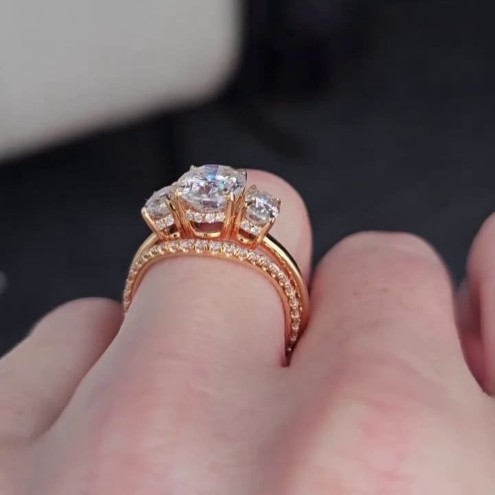 Oval 3.5tcw Lab Grown Diamond wedding set Three Stone Hidden Halo Engagement Ring + diamond band, D-E-F Color, VVS-VS Clarity